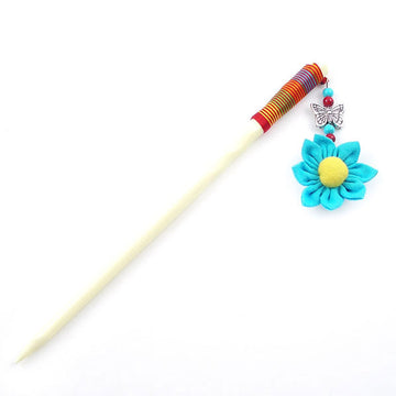 Cattle Bone Hair Stick Flower Blue 6.6 In